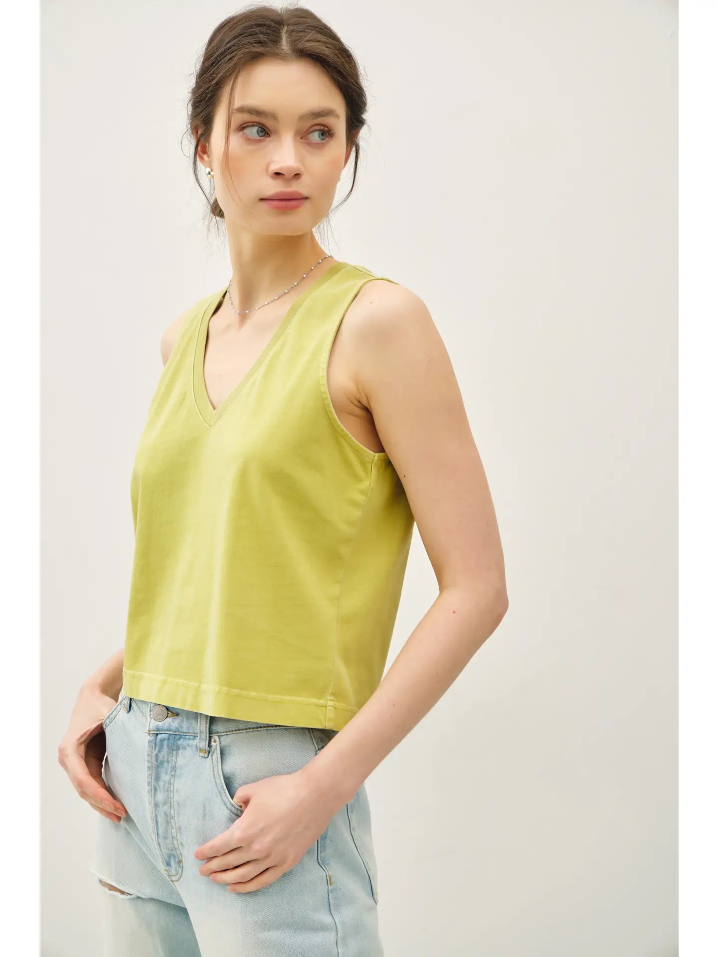 Cropped Basic V-Neck Tank - Lime