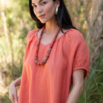 Amelia Mini Dress in Sea Fan Coral — European linen mini dress with soft V neckline and at-elbow sleeves