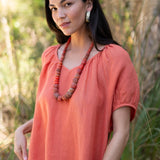 Amelia Mini Dress in Sea Fan Coral — European linen mini dress with soft V neckline and at-elbow sleeves