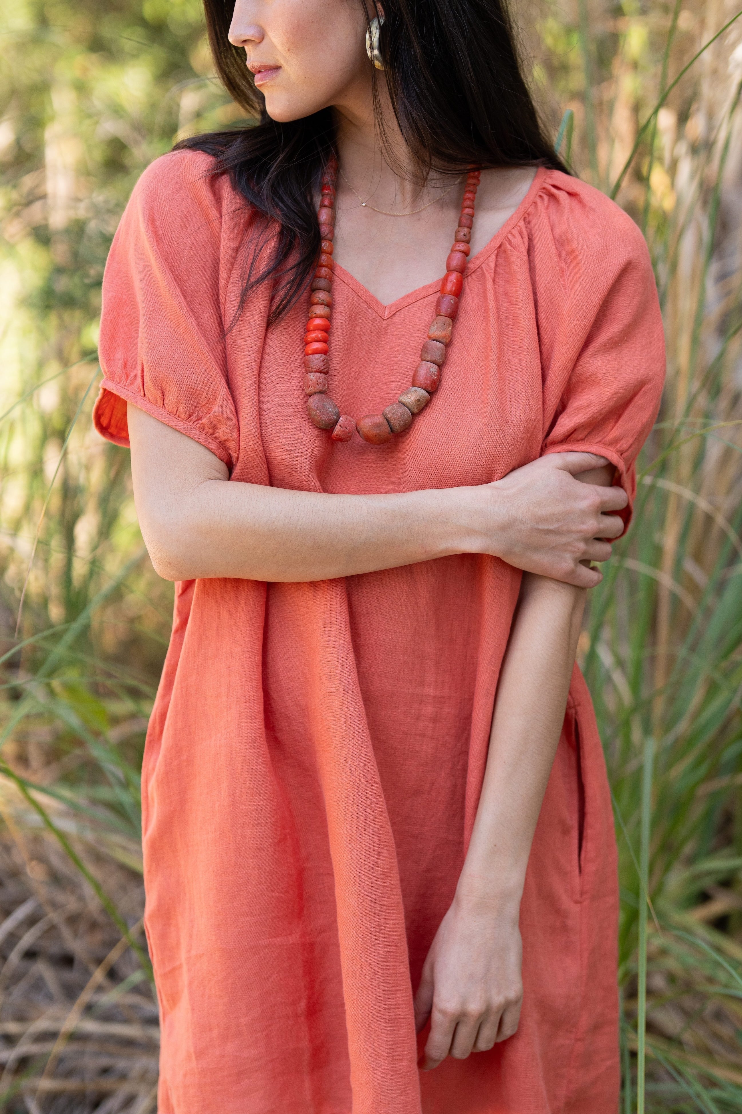 Amelia Mini Dress in Sea Fan Coral — European linen mini dress with soft V neckline and at-elbow sleeves