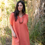 Amelia Mini Dress in Sea Fan Coral — European linen mini dress with soft V neckline and at-elbow sleeves