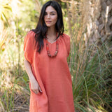 Amelia Mini Dress in Sea Fan Coral — European linen mini dress with soft V neckline and at-elbow sleeves