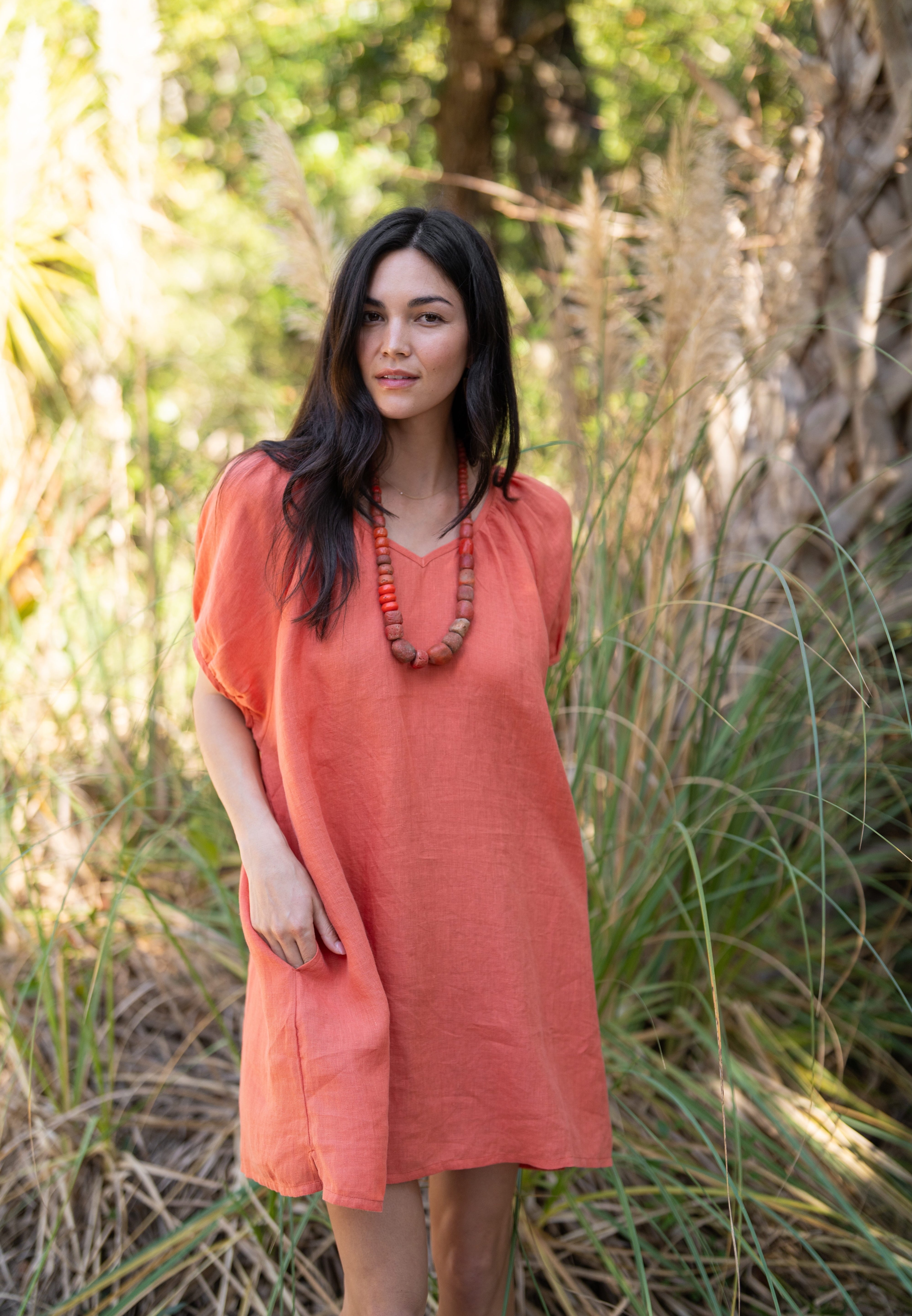 Amelia Mini Dress in Sea Fan Coral — European linen mini dress with soft V neckline and at-elbow sleeves