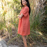 Amelia Mini Dress in Sea Fan Coral — European linen mini dress with soft V neckline and at-elbow sleeves