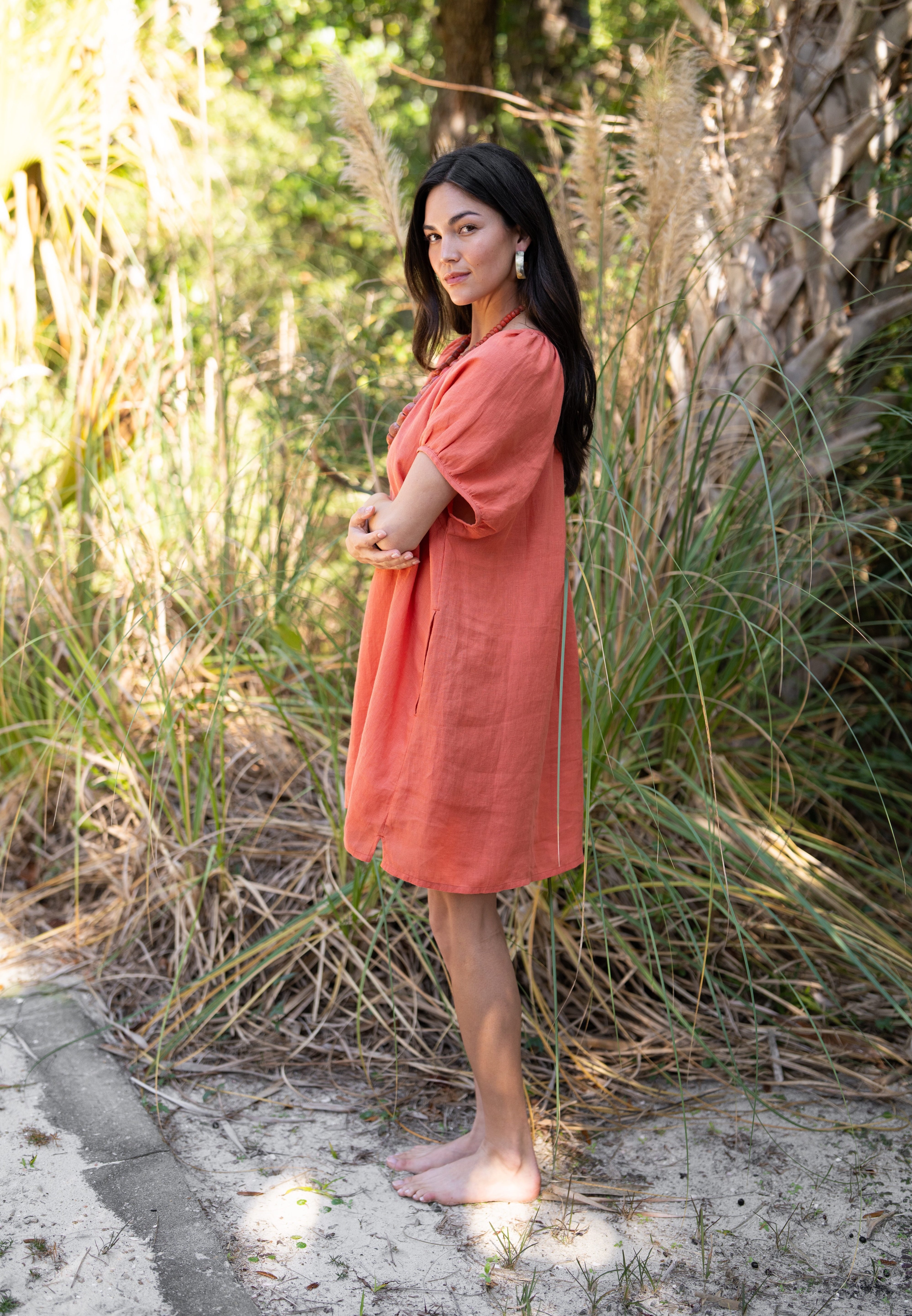 Amelia Mini Dress in Sea Fan Coral — European linen mini dress with soft V neckline and at-elbow sleeves