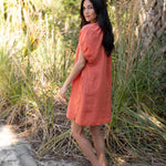 Amelia Mini Dress in Sea Fan Coral — European linen mini dress with soft V neckline and at-elbow sleeves