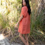 Amelia Mini Dress in Sea Fan Coral — European linen mini dress with soft V neckline and at-elbow sleeves