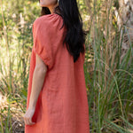 Amelia Mini Dress in Sea Fan Coral — European linen mini dress with soft V neckline and at-elbow sleeves