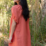 Amelia Mini Dress in Sea Fan Coral — European linen mini dress with soft V neckline and at-elbow sleeves