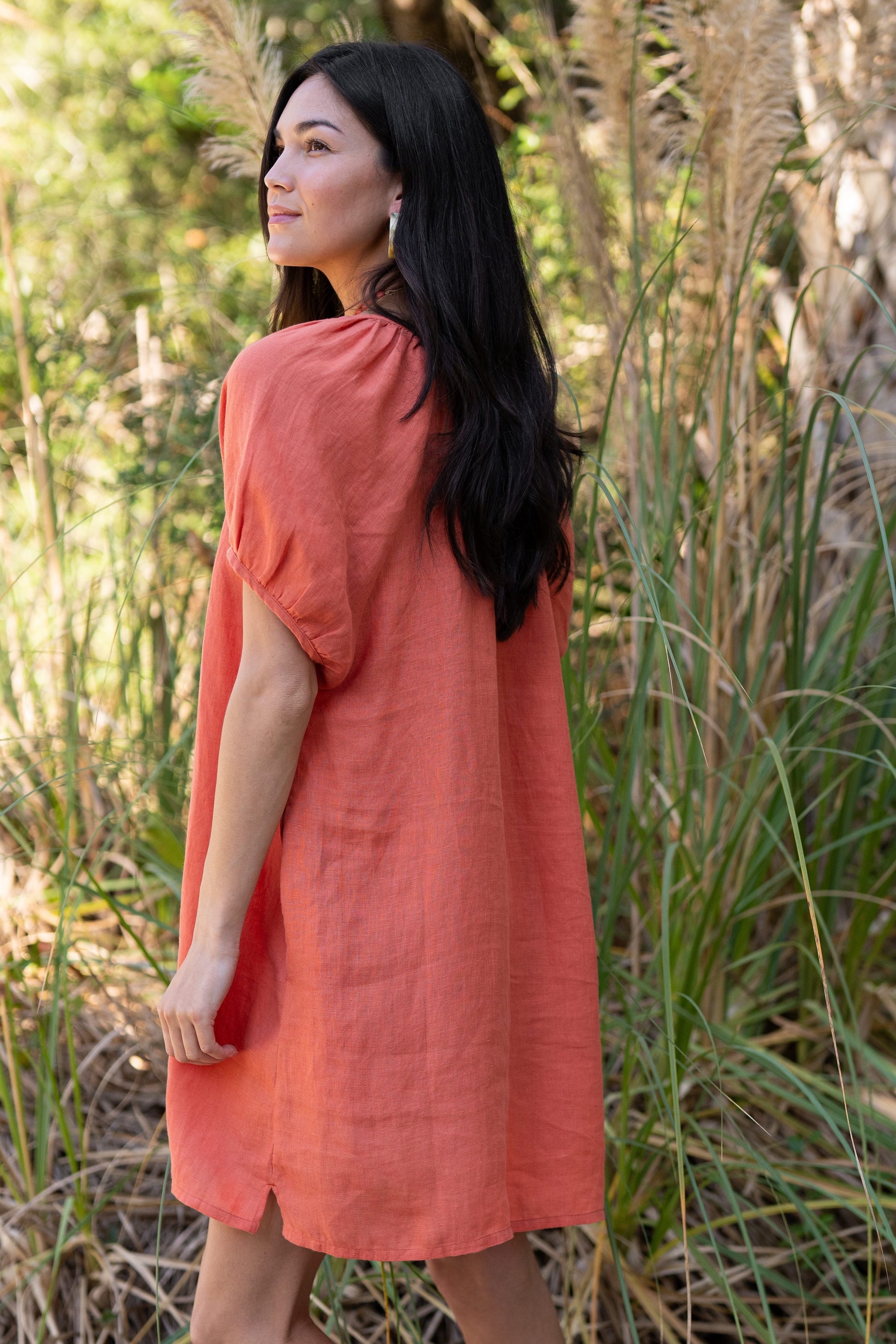 Amelia Mini Dress in Sea Fan Coral — European linen mini dress with soft V neckline and at-elbow sleeves