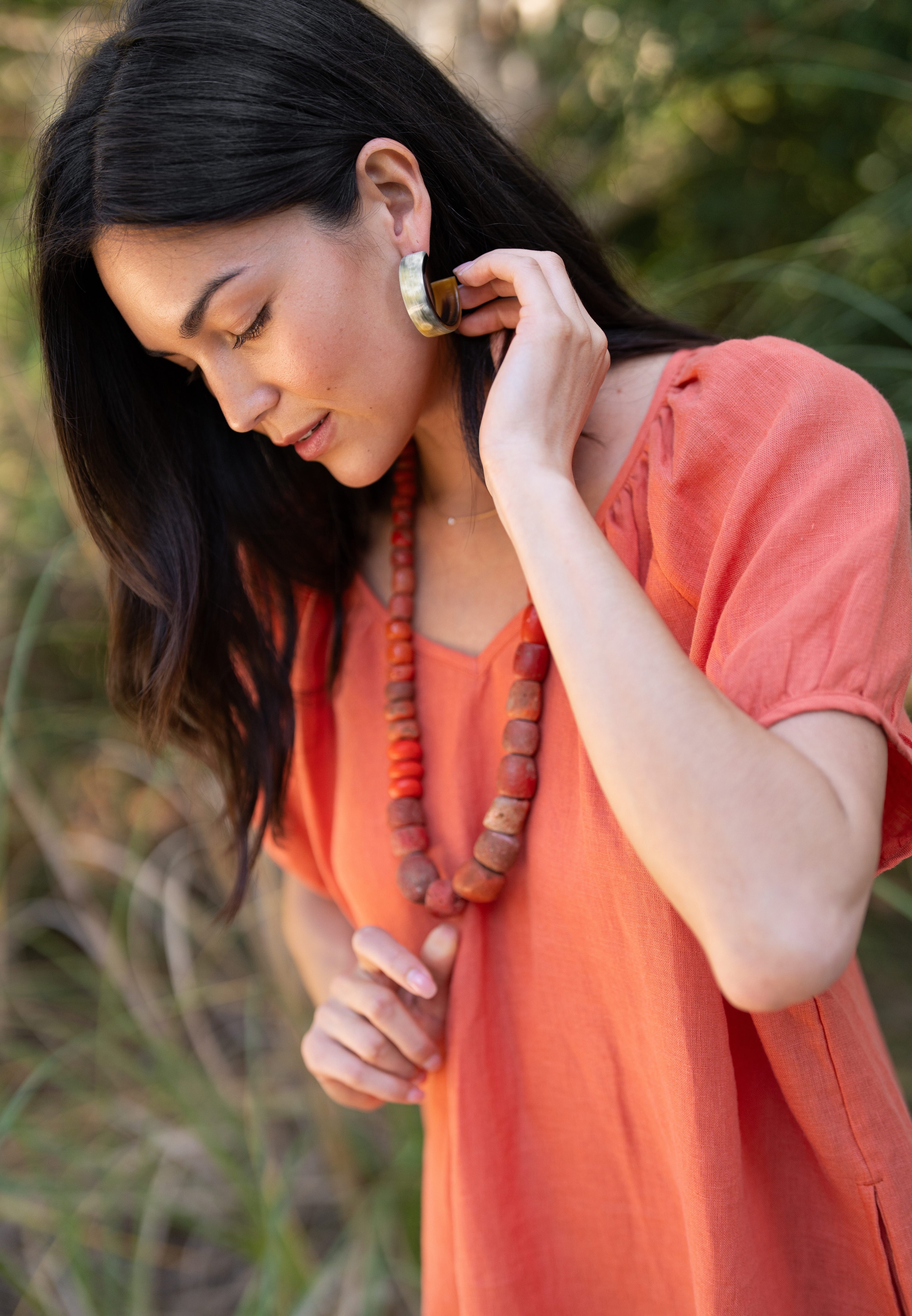 Amelia Mini Dress in Sea Fan Coral — European linen mini dress with soft V neckline and at-elbow sleeves