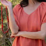 Amelia Mini Dress in Sea Fan Coral — European linen mini dress with soft V neckline and at-elbow sleeves