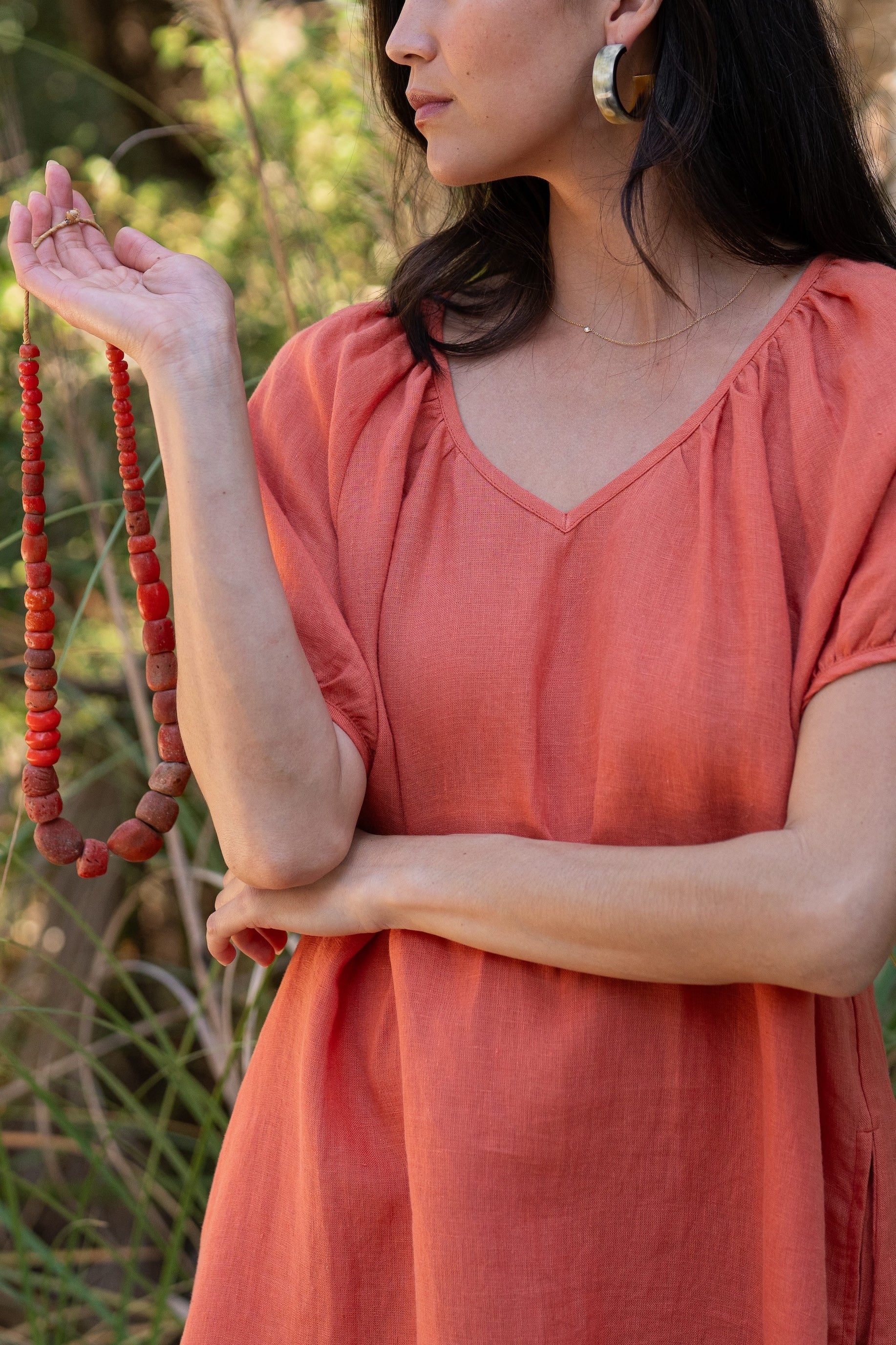 Amelia Mini Dress in Sea Fan Coral — European linen mini dress with soft V neckline and at-elbow sleeves