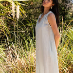 Betsy Maxi Dress in Blue Glass — sleeveless European linen maxi dress with ruched neckline and pockets