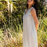 Betsy Maxi Dress in Blue Glass — sleeveless European linen maxi dress with ruched neckline and pockets