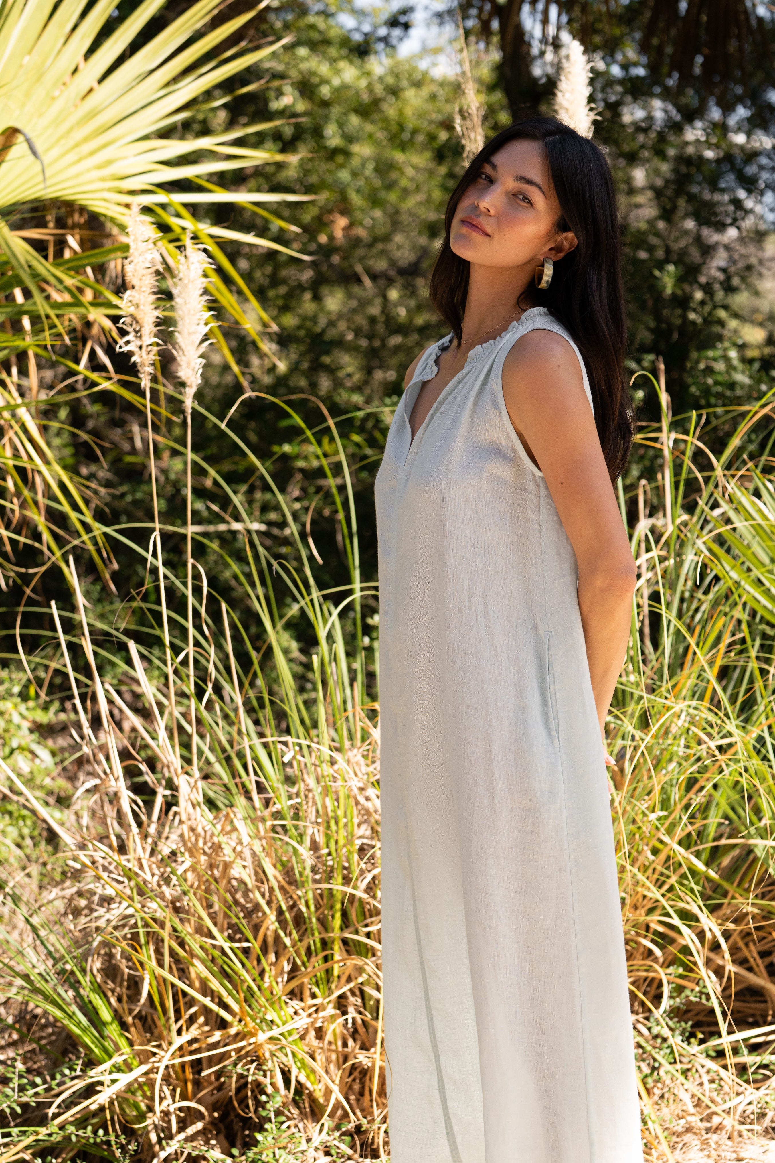Betsy Maxi Dress in Blue Glass — sleeveless European linen maxi dress with ruched neckline and pockets