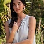 Betsy Maxi Dress in Blue Glass — sleeveless European linen maxi dress with ruched neckline and pockets