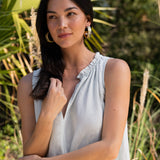 Betsy Maxi Dress in Blue Glass — sleeveless European linen maxi dress with ruched neckline and pockets