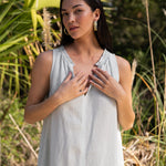 Betsy Maxi Dress in Blue Glass — sleeveless European linen maxi dress with ruched neckline and pockets