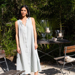 Betsy Maxi Dress in Blue Glass — sleeveless European linen maxi dress with ruched neckline and pockets