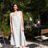 Betsy Maxi Dress in Blue Glass — sleeveless European linen maxi dress with ruched neckline and pockets