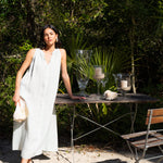 Betsy Maxi Dress in Blue Glass — sleeveless European linen maxi dress with ruched neckline and pockets