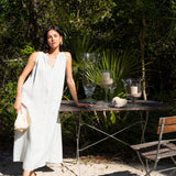 Betsy Maxi Dress in Blue Glass — sleeveless European linen maxi dress with ruched neckline and pockets