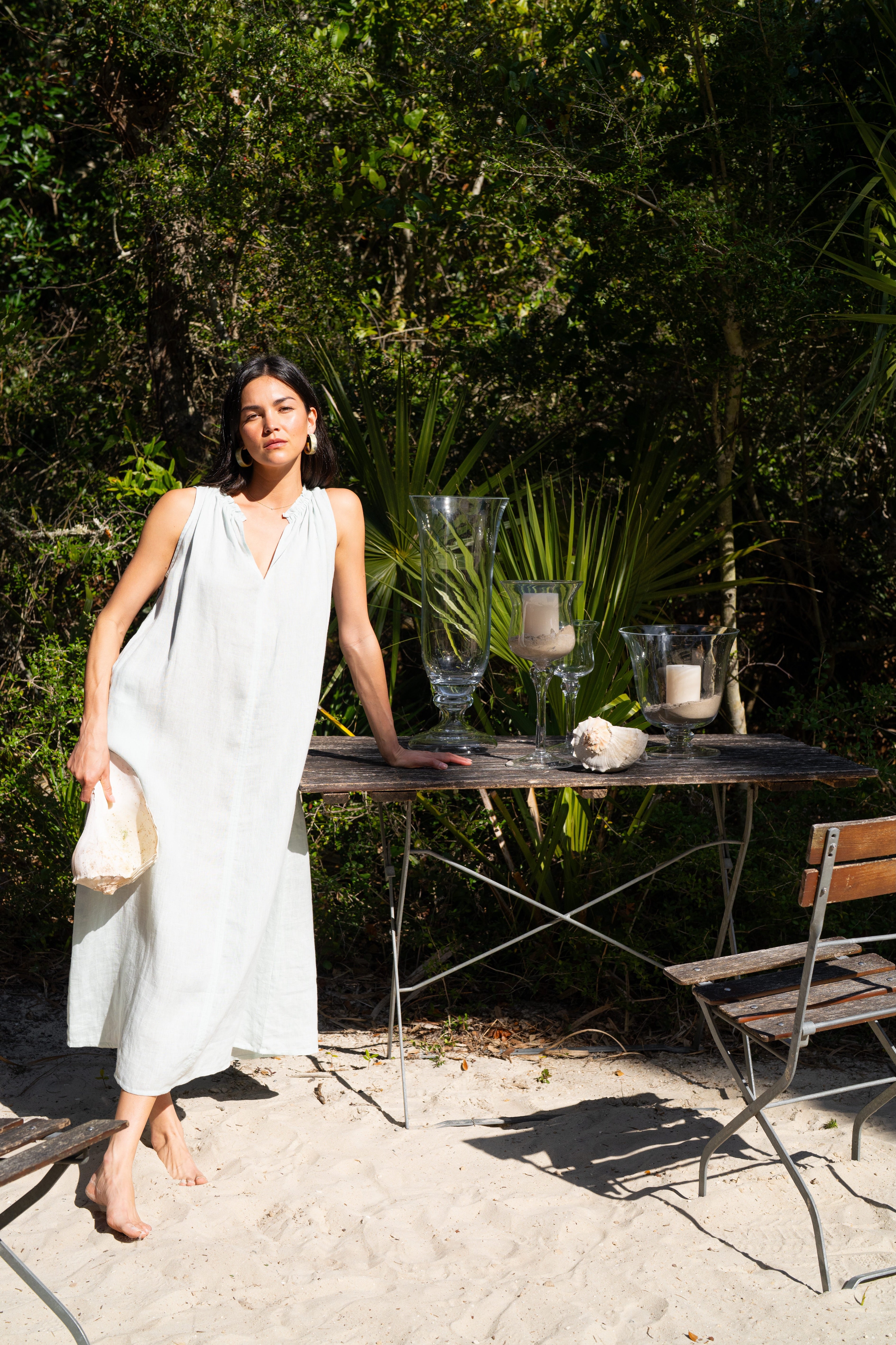 Betsy Maxi Dress in Blue Glass — sleeveless European linen maxi dress with ruched neckline and pockets