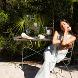 Betsy Maxi Dress in Blue Glass — sleeveless European linen maxi dress with ruched neckline and pockets