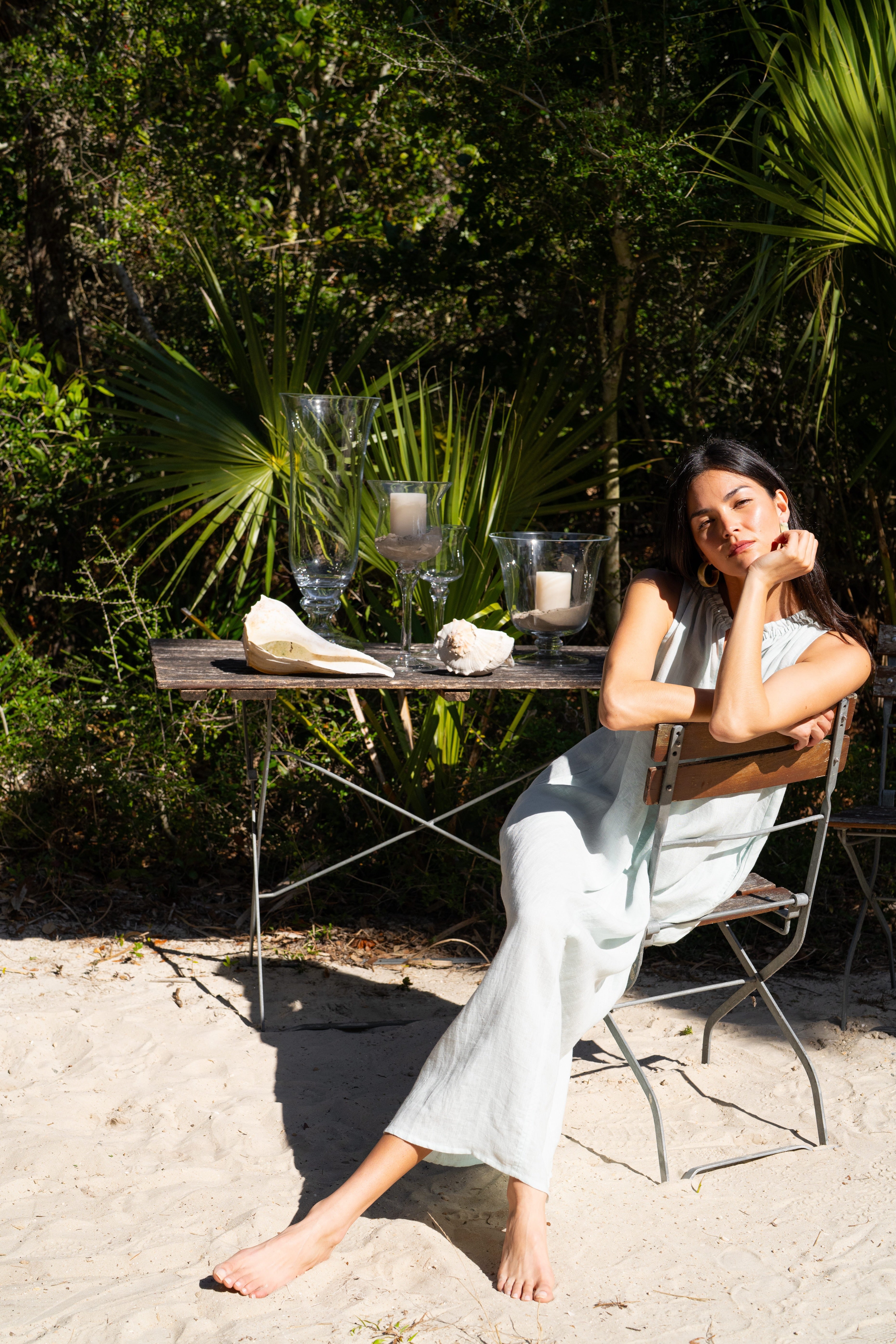 Betsy Maxi Dress in Blue Glass — sleeveless European linen maxi dress with ruched neckline and pockets