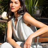 Betsy Maxi Dress in Blue Glass — sleeveless European linen maxi dress with ruched neckline and pockets