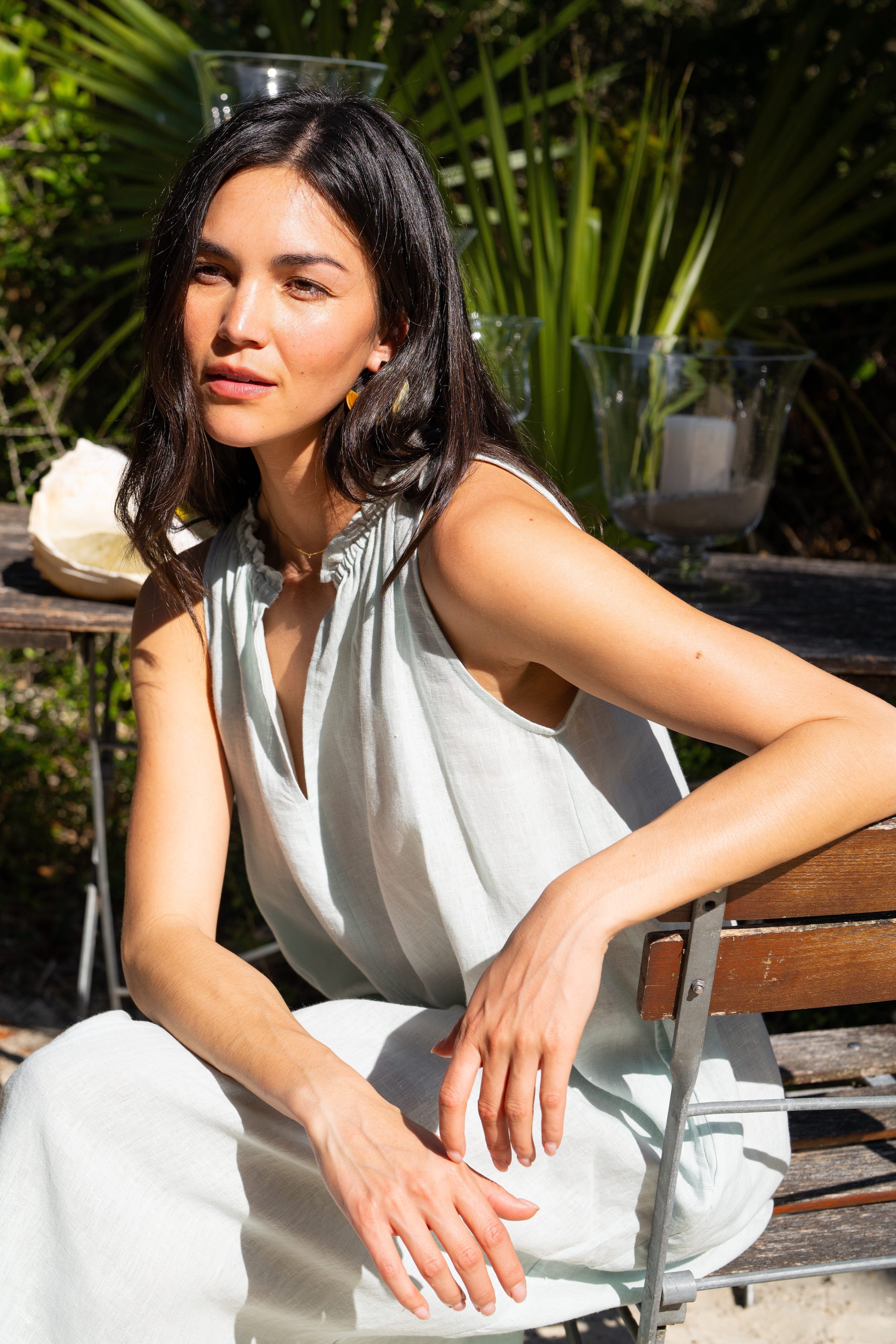 Betsy Maxi Dress in Blue Glass — sleeveless European linen maxi dress with ruched neckline and pockets