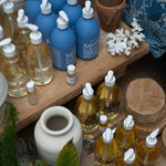 Marseille bottles on a wooden surface with pots and plants.