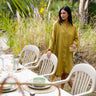 Sunset Midi Dress in Martini Olive — European linen midi dress with hidden button placket and loose silhouette