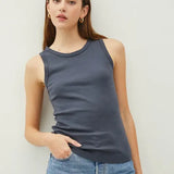 Basic Solid Cotton Crew Neck Tank - Charcoal