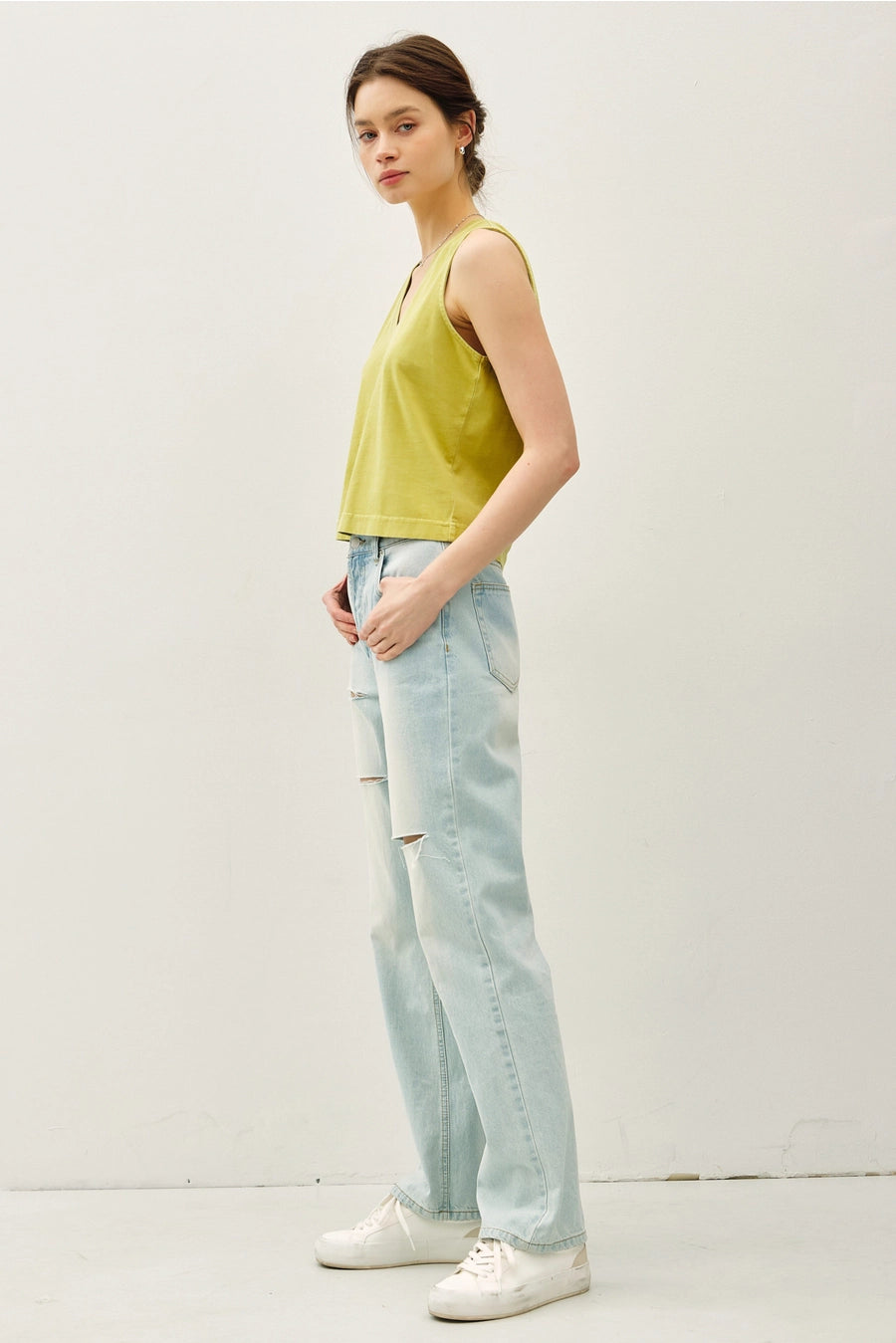 Cropped Basic V-Neck Tank - Lime