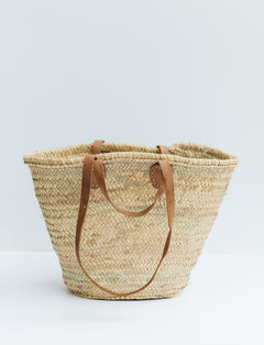 French Market Basket — handwoven date palm leaf tote with double-woven top edge and leather handles